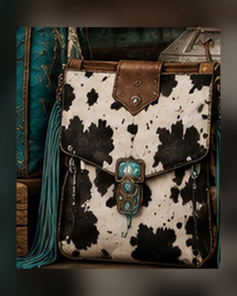 Black and white cowhide crossbody bag with turquoise hardware
